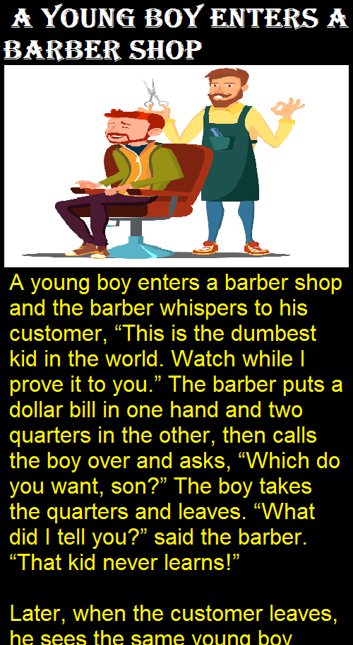 A young boy enters a barber shop