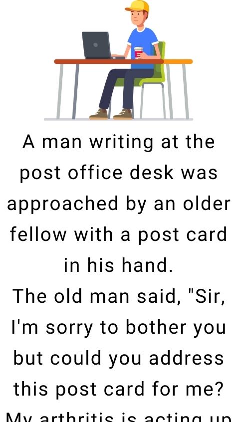 A man writing at the post office desk