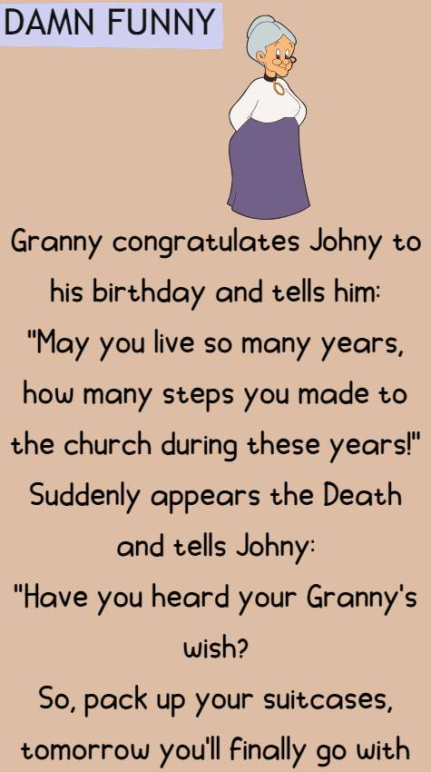 Granny congratulates Johny to his birthday 