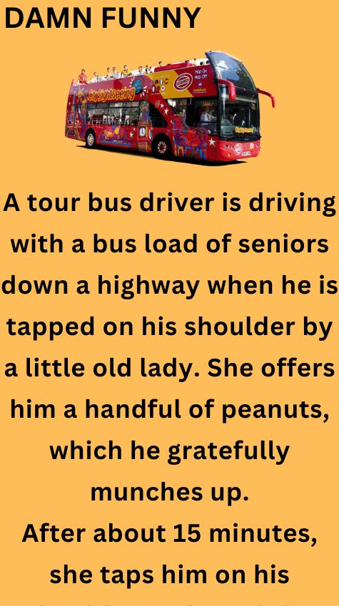 A tour bus driver is driving with a bus
