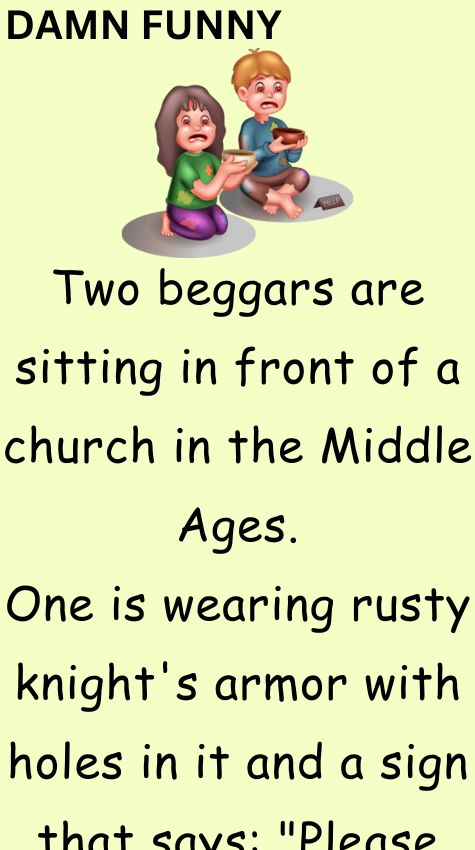 Two beggars are sitting in front of a church