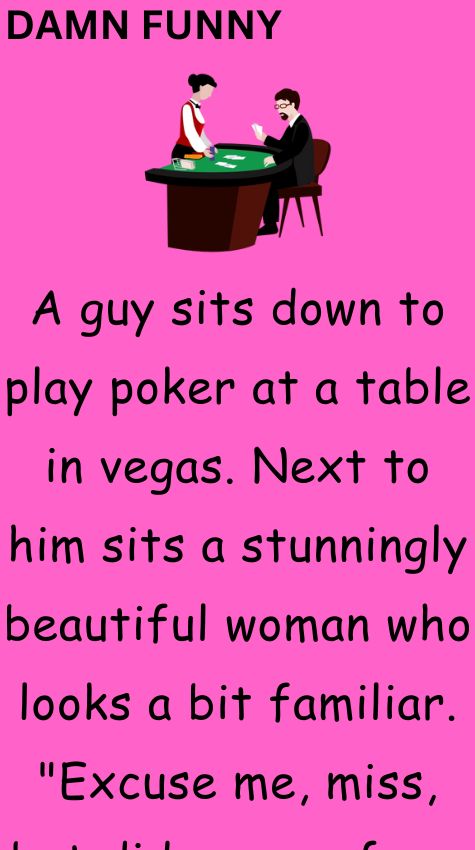A guy sits down to play poker at a table in vegas