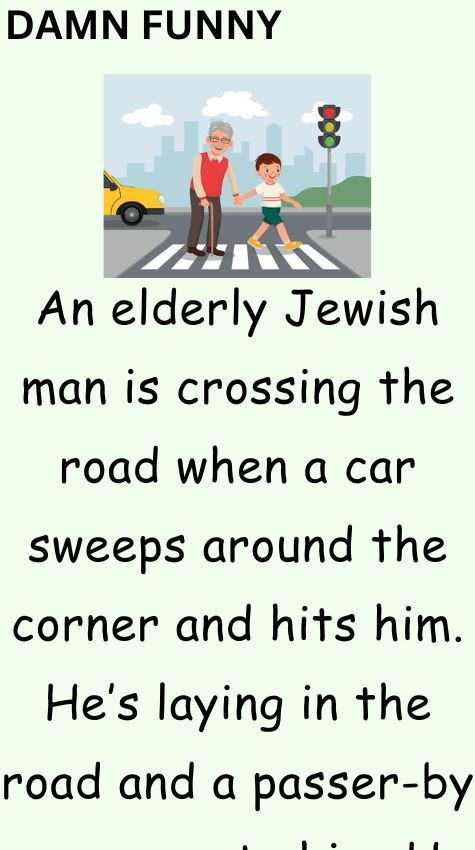 An elderly Jewish man is crossing the road