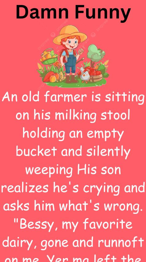 An old farmer is sitting on his milking stool