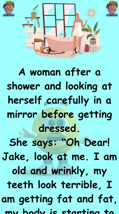 A woman after a shower and looking at herself