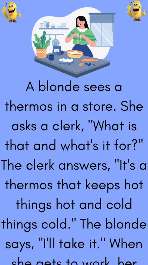 A blonde sees a thermos in a store